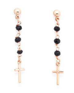 Rosary pendant earrings. Sterling silver 925 and black crystal, rose. AMEN
